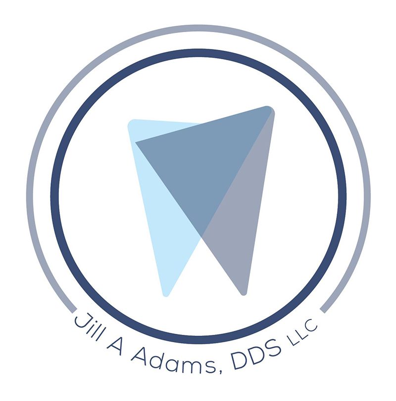 The image is a logo consisting of a stylized blue arrow pointing upwards, set against a light background with a circular border. Within the circle, there s a white icon of a tooth and to the right, text that reads  Jill Adams DDS LLC.
