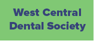 The image displays a logo with the text  West Central Dental Society  on a light background, set against a darker background.