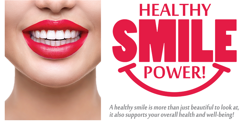 The image features a close-up of a person s face with red lipstick, and in the background is a logo that reads  SMILE POWER  alongside text that says  HEALTHY SMILE.